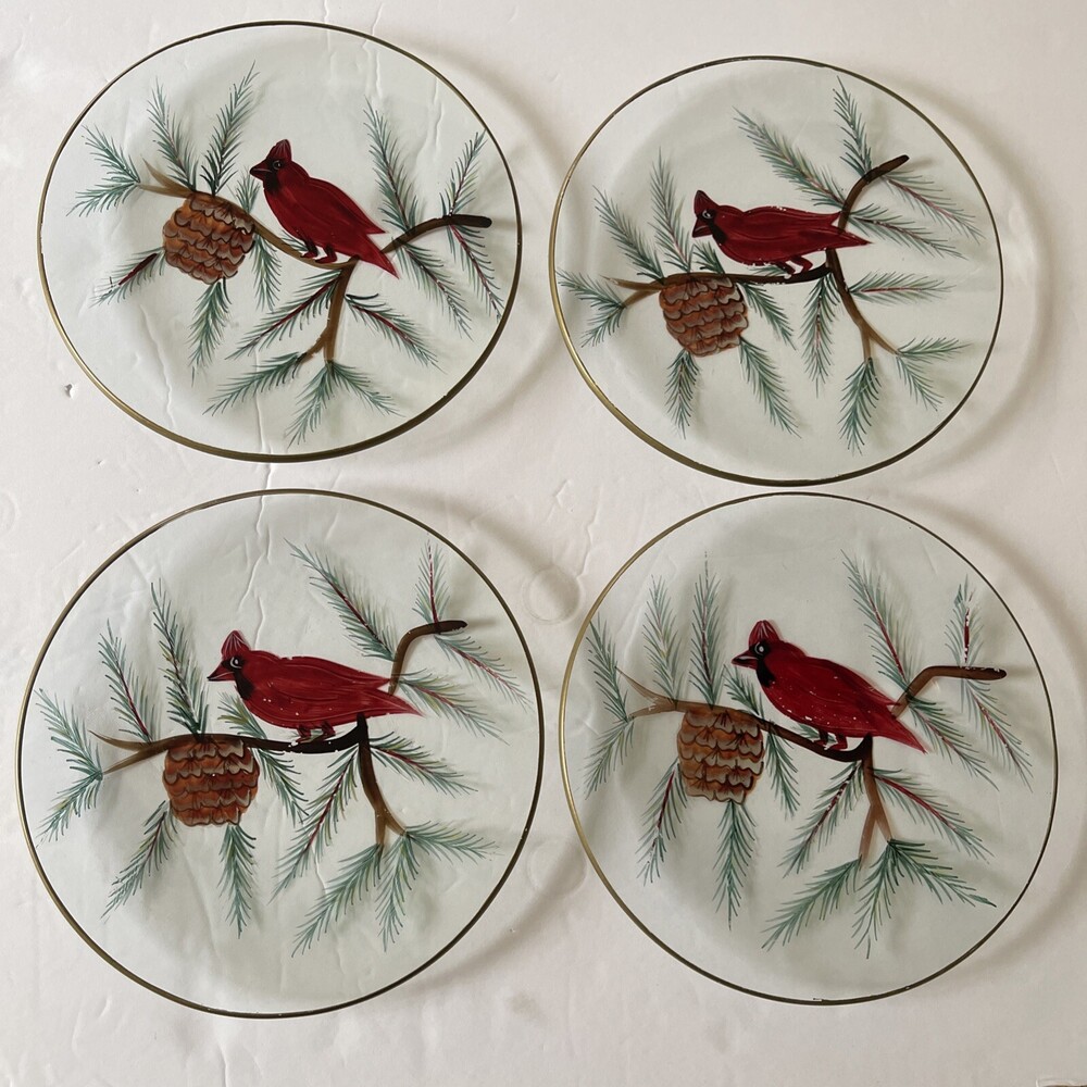 Red Cardinal Bird Mouth Blown Etched Hand Painted 7" Salad/Dessert Plates Nice!